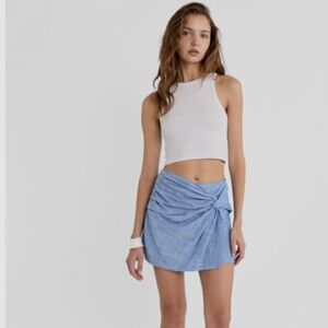 STRADIVARIUS | Women's Royal Blue Side Tie Mid-Waist Linen Blend Skort